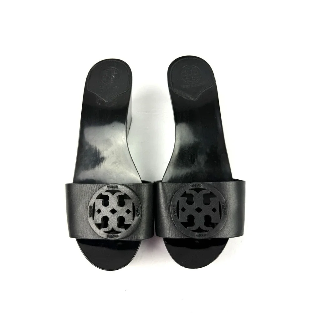 Tory Burch Miller Platform Sandal 8 Black Leather Slides Wood Heel Chic Designer